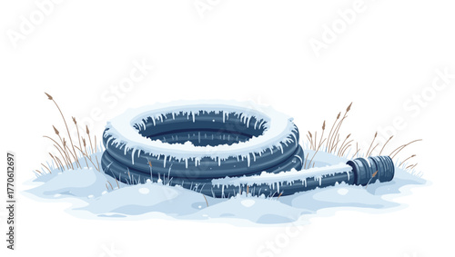 Frost on garden hose lying in snow with icicles and dry grass, concept of rural winter and frozen garden tool