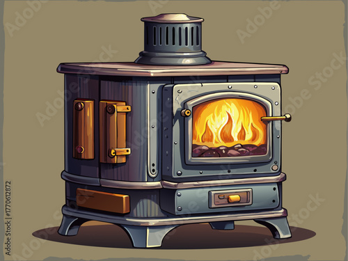 vintage cast iron wood stove with visible flames, metallic texture, chimney pipe, realistic lighting, detailed vector, isolated on plain background