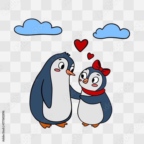 Hand-drawn illustration of two cute penguins in love, perfect for Valentine’s Day projects. Adorable romantic birds with hearts, warm hugs and sweet emotions with transparent background 