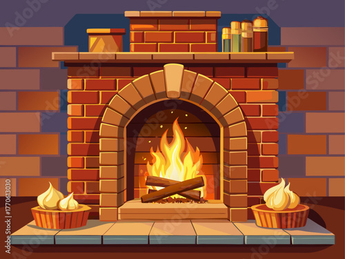 realistic detailed vector of classic brick fireplace with burning firewood, warm glow, soft shadows, cozy home interior, isolated on single-color background, winter comfort atmosphere