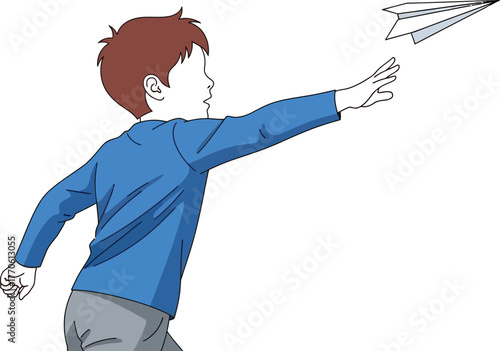 Little boy throwing a paper airplane on yellow background