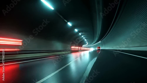 Nighttime Long Exposure of a Tunnel with Moving Vehicles and Light Trails