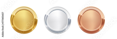 Gold, silver, bronze circle medals. Metal coins. First, second, third place award frames isolated on white background. Winners trophy. Blank shiny badge, label. Realistic vector illustration.