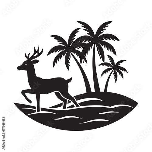 Deer Running Along Palm Beach Shore Silhouette Scene