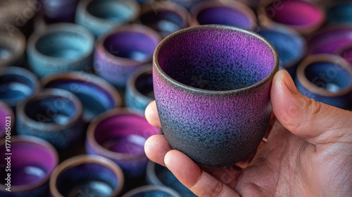 Colorful pottery in hand at market