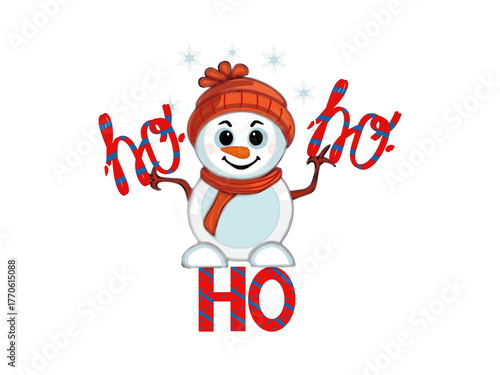 Winter, New Year, Christmas, funny design theme, ho-ho-ho, snowman and text, cartoon character