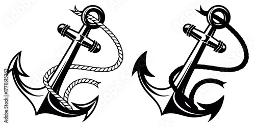 Detailed twin anchor illustration with intertwined rope showing elegant maritime design elements in classic monochrome vector style for sailing, adventure, and nautical graphic themes