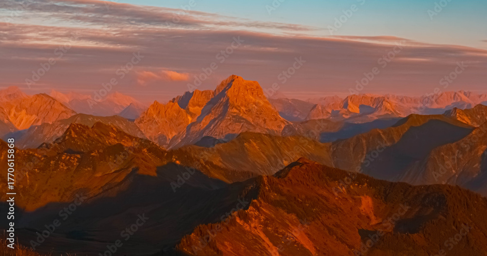 Naklejka premium Alpine sunset or sundowner at Mount Diedamskopf, Schoppernau, Bregenz, Vorarlberg, Austria