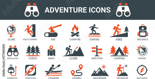 Adventure icon set. Containing hike, campfire, snorkeling, climbing. Outdoor activity concept. Solid icon collection.  travel and canoeing icons 