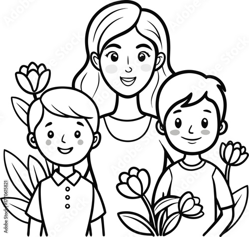 Mother and Two Sons Outline Drawing with Flowers family