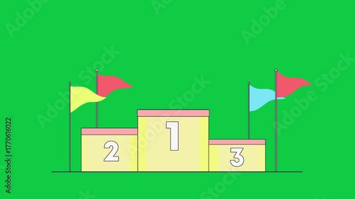 Victory Podium with Flags on Green Screen for Sports and Competition.