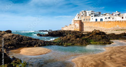 The sand beach at the walls of the historical Old town of Essaouira, Morocco