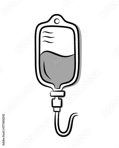 A hand-drawn sketch style illustration of an IV drip bag filled with fluid, designed with minimal shading, representing medical care and intravenous therapy, perfect for healthcare education materials