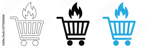 trolley and fire flame icon  hot sale symbol design element logo template vector eps 10,Hot deals now! Shopping carts on fire for big sale event,editable stroke