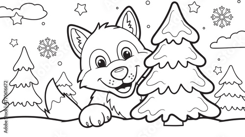 Cute cartoon wolf peeking behind Christmas tree in winter landscape  