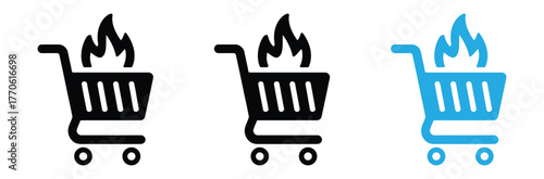 trolley and fire flame icon  hot sale symbol design element logo template vector eps 10,Hot deals now! Shopping carts on fire for big sale event,editable stroke