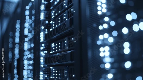 A close up view of server racks with glowing lights in a dark data center environment