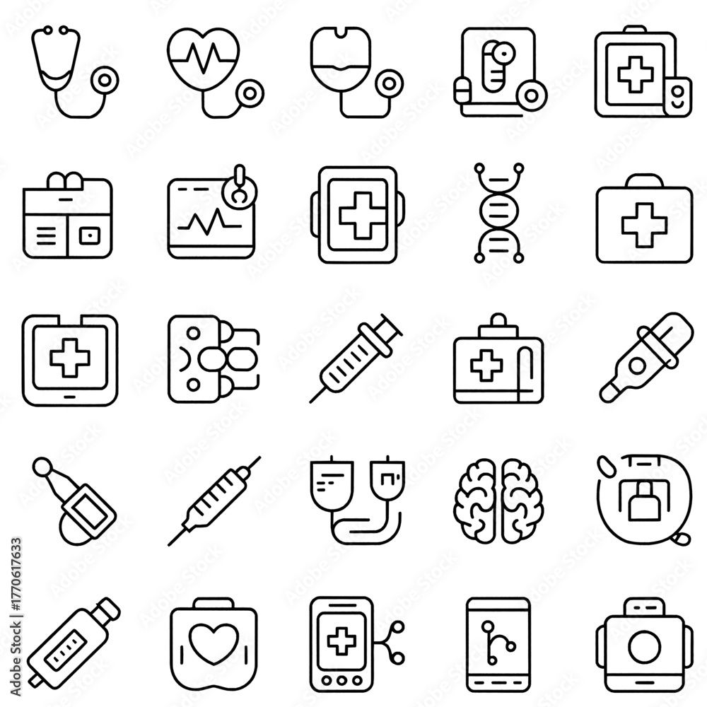 Fototapeta premium Modern Healthcare Technology Versatile comprehensive flat vector icon set with clean pixel-perfect designs—editable scalable and ideal for web, apps, print and branding across all creative industries