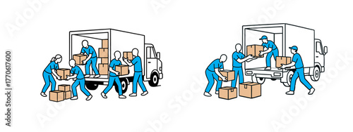 Workers loading and unloading boxes from a delivery truck