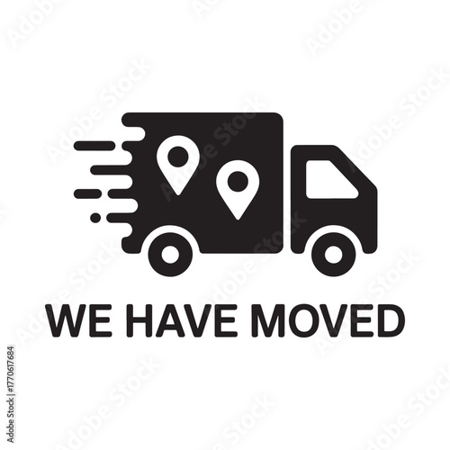 Moving truck with location pins and text we have moved announcement