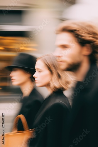 Diverse group of three friends walking through urban shopping district with contemporary storefronts, subtle motion blur