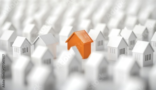 Concept of uniqueness and real estate choice with one orange house among white homes
