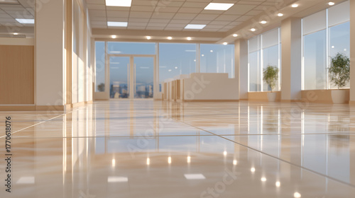 A bright, newly renovated office floor with bare walls and polished floors waiting for equipment and furniture, symbolizing opportunity, progress, transformation, and the beginning of a new