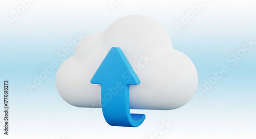 3d render of a cloud with an upward arrow, symbolizing cloud uploading, modern design and vibrant blue color