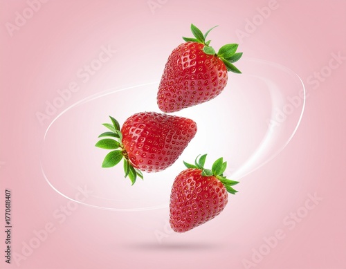 Floating Fresh Strawberries with Motion Swirl on Soft Pink Background