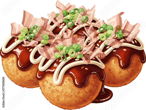 Takoyaki, Japanese octopus balls, food illustration isolated on white background.