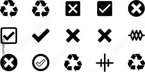 Collection of black minimal line icon set showing confirmation, denial and recycling symbols