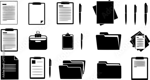 Black and white stationery icons set with documents, clipboards, pens and folders