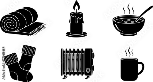 Cozy home vector icon set in black and white depicting comfort objects such as blanket, candle, soup, socks, heater and hot drink.