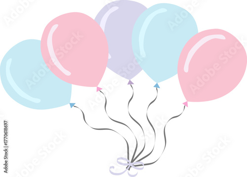 Pastel colored balloons tied with ribbon group