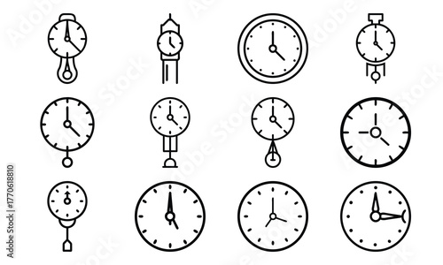 Education and science outline icon set with brain, DNA, laboratory flask, laptop, stopwatch, school bus, quill pen, and bell symbol isolated on white background