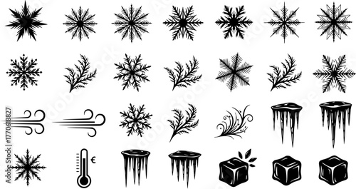 Black and white vector set of winter themed design elements including snowflakes, branches, wind, ice cubes and icicles.