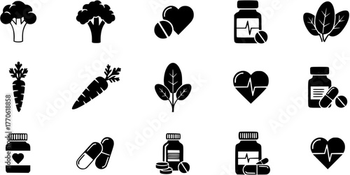Healthy lifestyle black glyph icons representing nutrition, supplements, and heart health.
