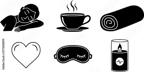 Black and white spa and relaxation icon set including sleeping woman, cup of tea, towel, heart, eye mask, and candle