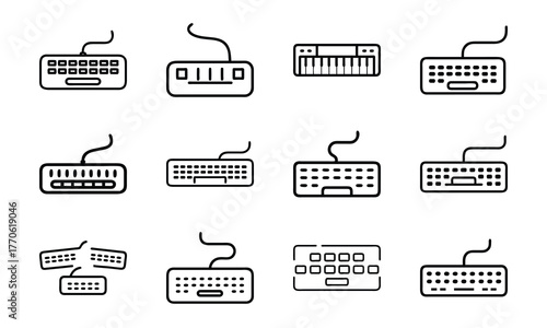 Education and science outline icon set with brain, DNA, laboratory flask, laptop, stopwatch, school bus, quill pen, and bell symbol isolated on white background