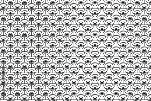 Art deco design fish scale pattern geometric fan shapes seamless background monochrome texture simple decoration repetitive tiles stylized scales