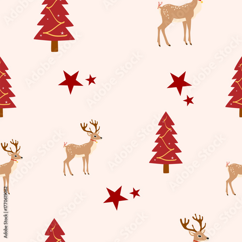 Christmas deer and stars seamless pattern