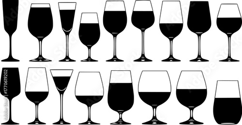 Collection of various wine glasses silhouette, isolated vector illustration