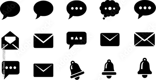 Communication black glyph icons vector set including chat bubbles, mail, and notification bell