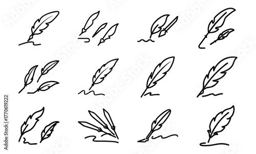 Education and science outline icon set with brain, DNA, laboratory flask, laptop, stopwatch, school bus, quill pen, and bell symbol isolated on white background