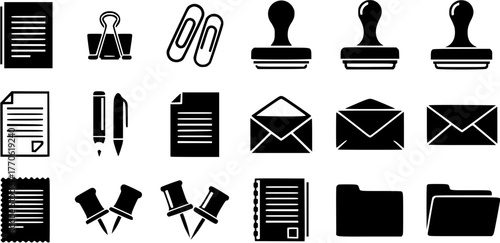 Black and white office supplies icon set including paper, binder clip, pen, stamps, envelope, and folder.