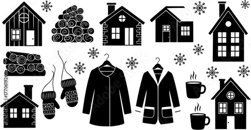 Black and white vector set of winter holiday elements including houses, clothes, firewood, snowflakes, and coffee cups