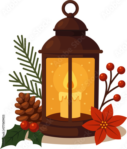 Christmas lantern. Winter decoration. Night lamp. Night light with candle, branch, flower and other cozy Christmas decoration on white background. Vector illustration in flat cute hand drawn style