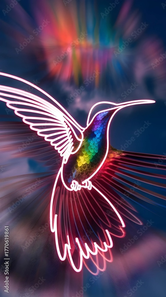 Obraz premium A surrealistic close-up illustration of a hummingbird with a neon outline. The hummingbird's body is multi-colored on a sky background.