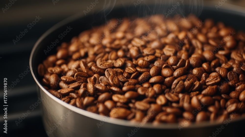 Fototapeta premium A close-up of steaming roasted coffee beans in a metal container, showcasing their rich texture and aroma.