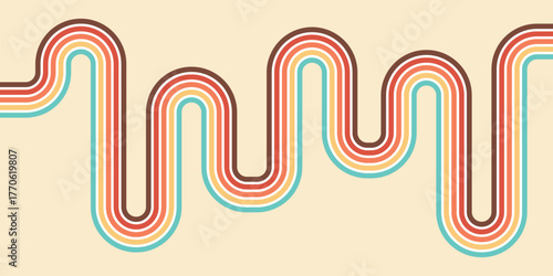 Stripe rainbow groovy background. Retro line psychedelic background. Vintage line rainbow poster in retro groovy colors.	